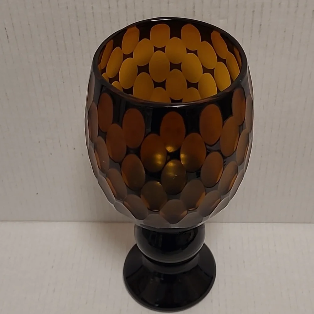 Vintage Murano Style Black Cut to Amber Vase / Candle Holder